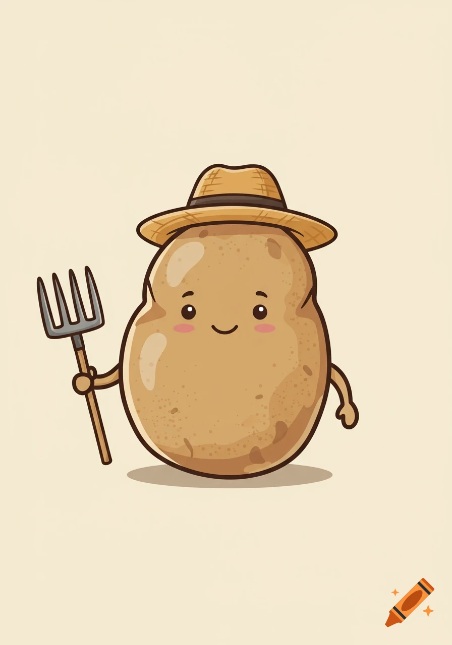 A cute cartoon potato character wearing a straw hat and holding a pitchfork on a light background.