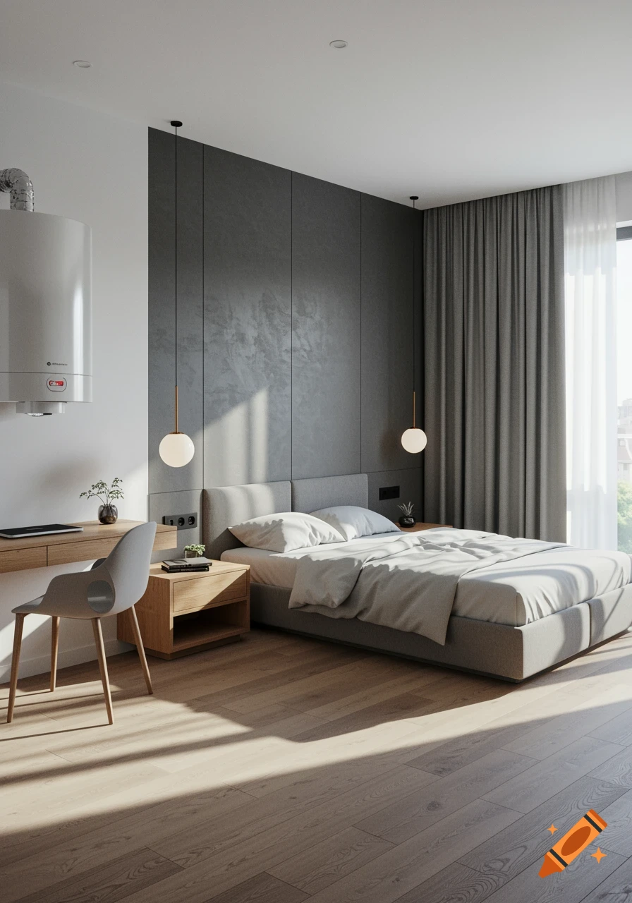 Photorealistic modern bedroom with a grey bed, dark grey feature wall, wooden desk, and a wall-mounted boiler.