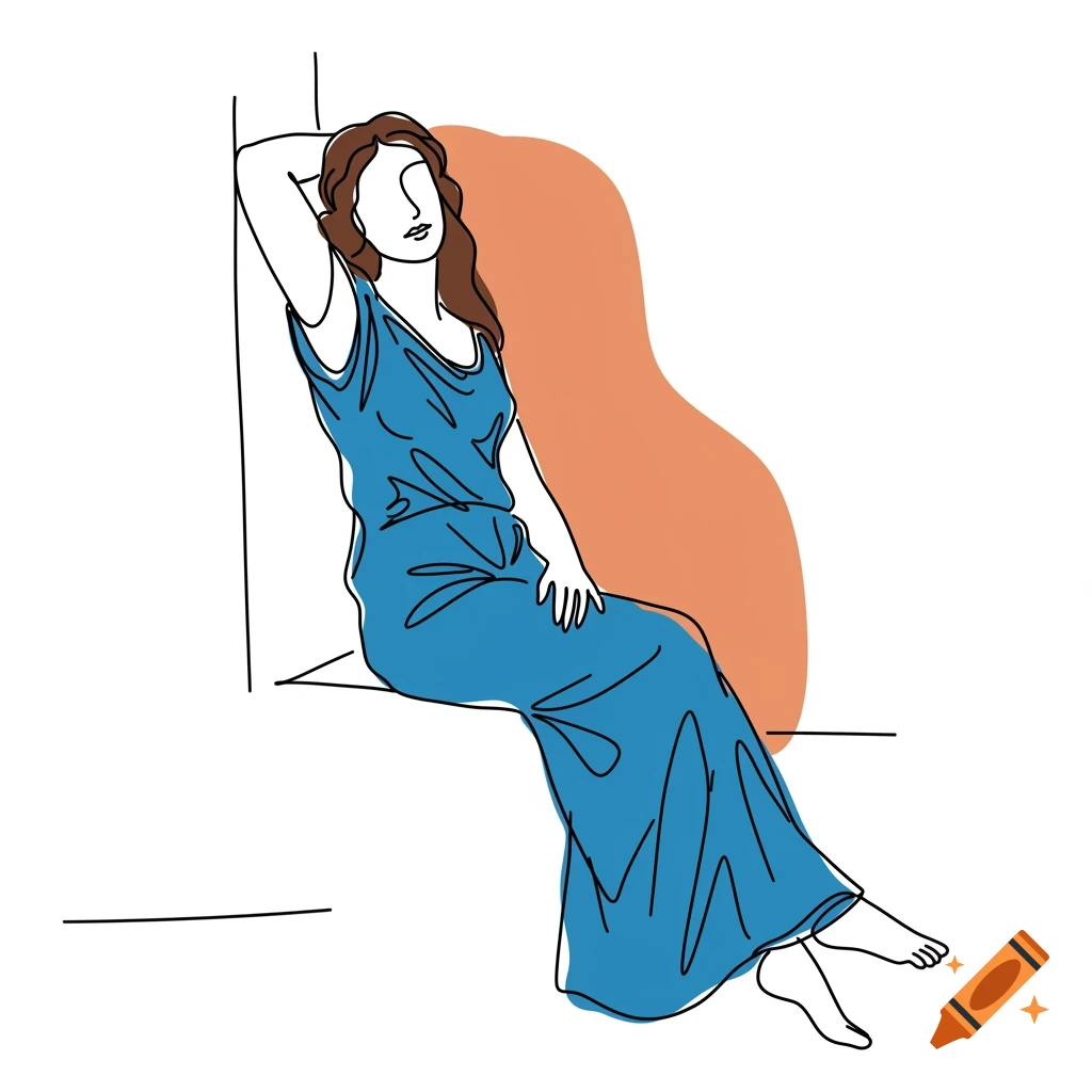 Minimalist one-line drawing of a woman in a blue dress sitting, in a Matisse-like style.