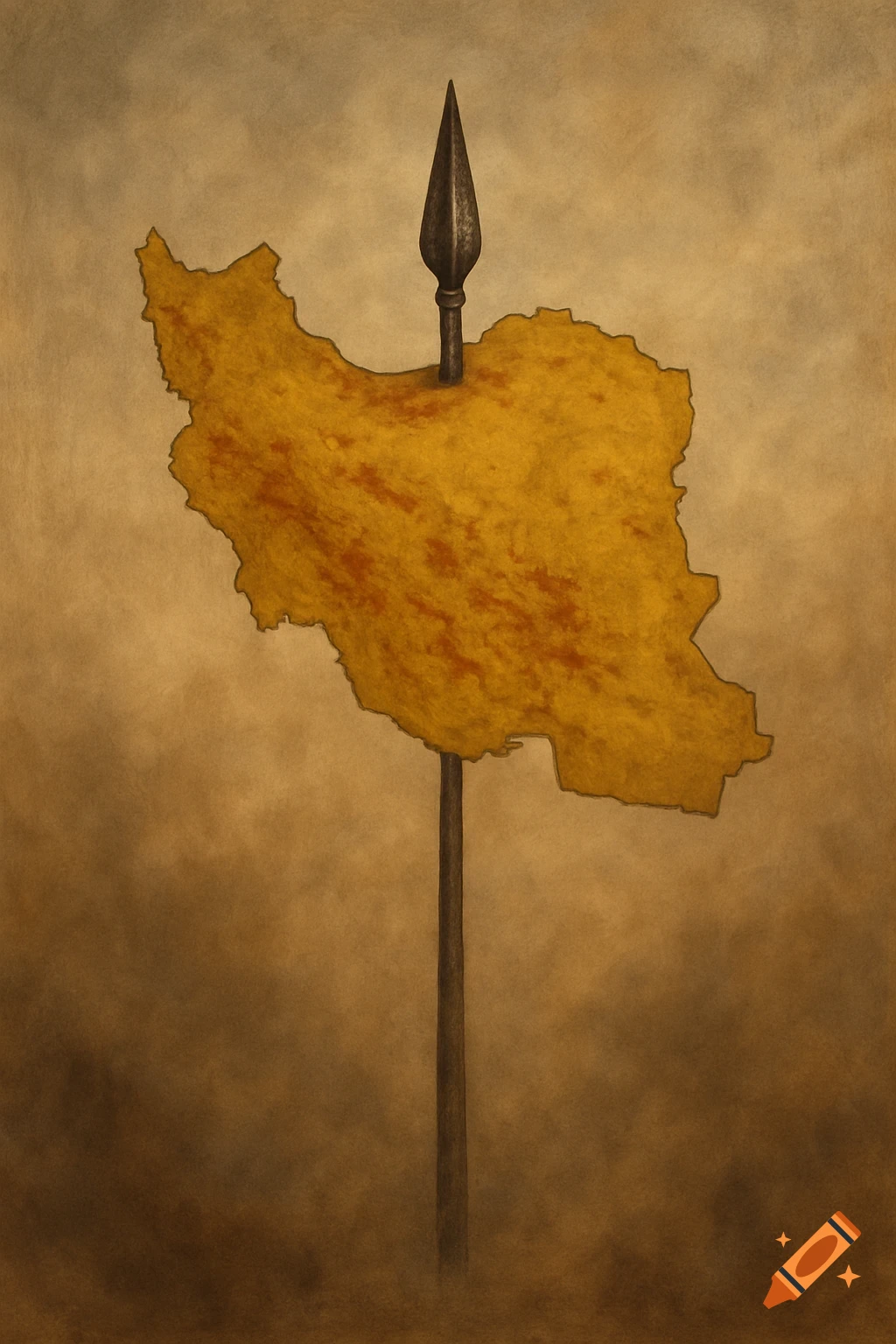 A textured, aged map of Iran is impaled on a spear against a dusty brown background, in a historical art style.