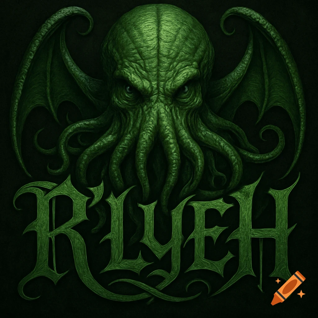 A hyperrealistic dark green Cthulhu-like creature with tentacles and wings, above stylized green text that reads 'R'LYEH'.