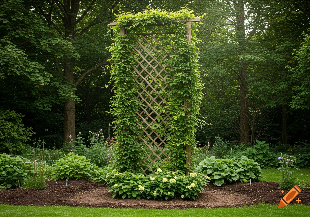 A tall garden trellis covered in green vines stands in a garden bed with plants, surrounded by lush trees in a photorealistic style.