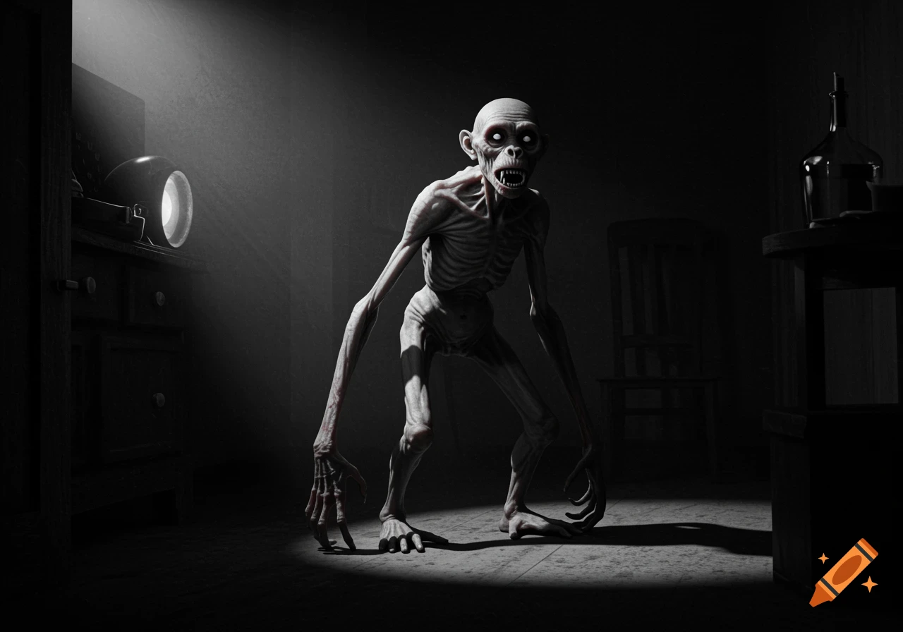 A realistic, black and white image of a gaunt, monstrous creature with white eyes and sharp teeth standing in a dark room, lit by a flashlight.