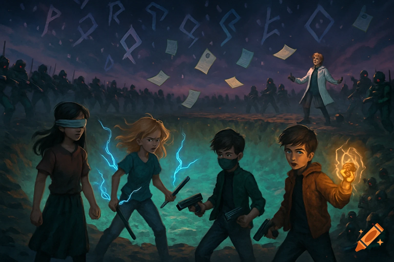 Four kids with powers and weapons face an army of soldiers and a man in a lab coat, with runes and papers floating in the sky.