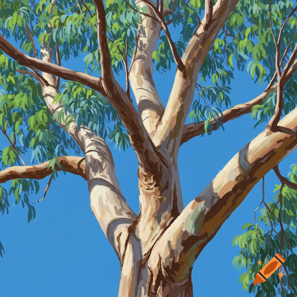 A vibrant painting of a large gum tree with green leaves and a textured trunk against a clear blue sky.