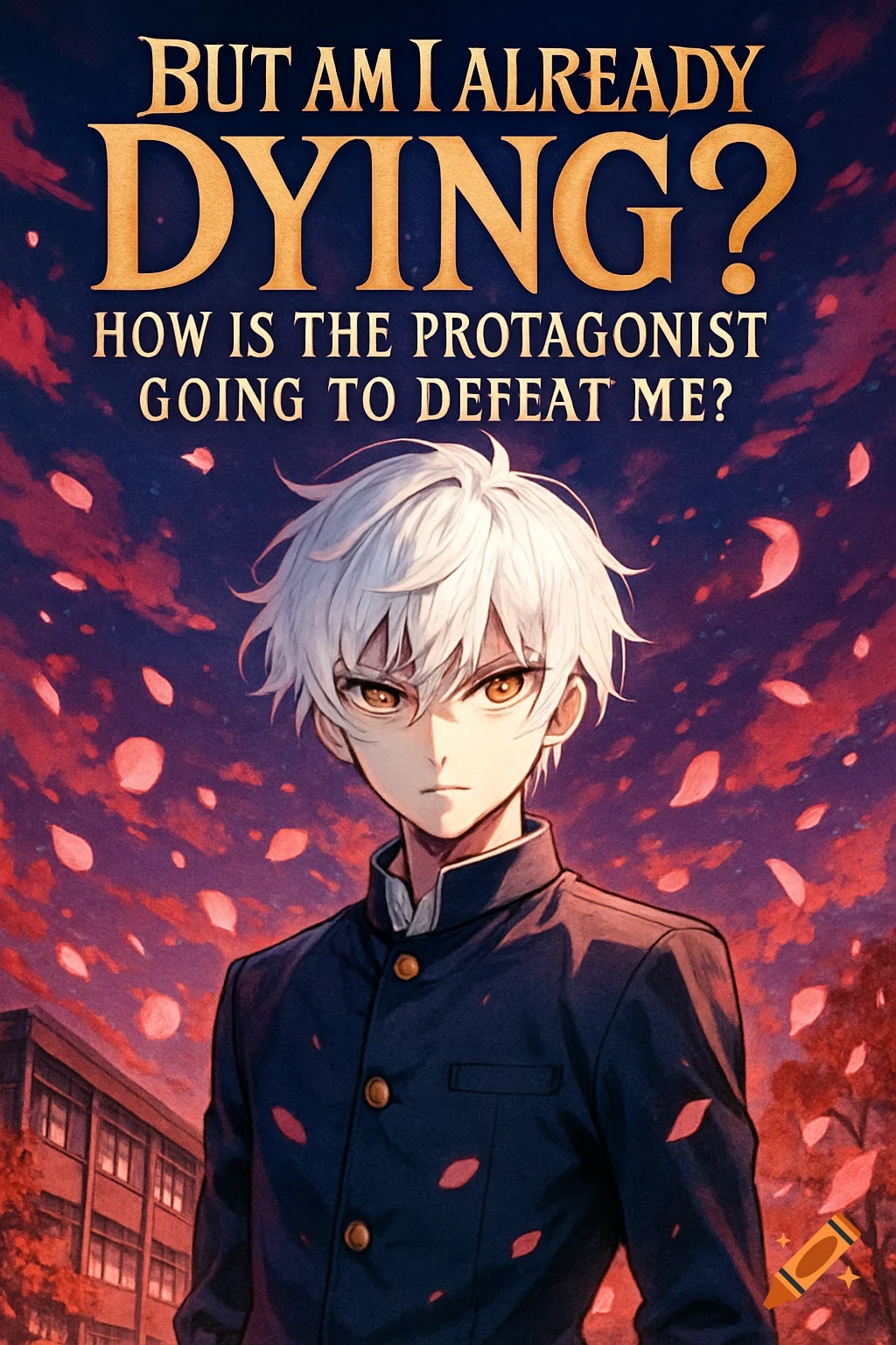 Anime book cover with a white-haired boy in a school uniform against a dramatic sky. Text: 'BUT AM I ALREADY DYING? HOW IS THE PROTAGONIST GOING TO DEFEAT ME?'