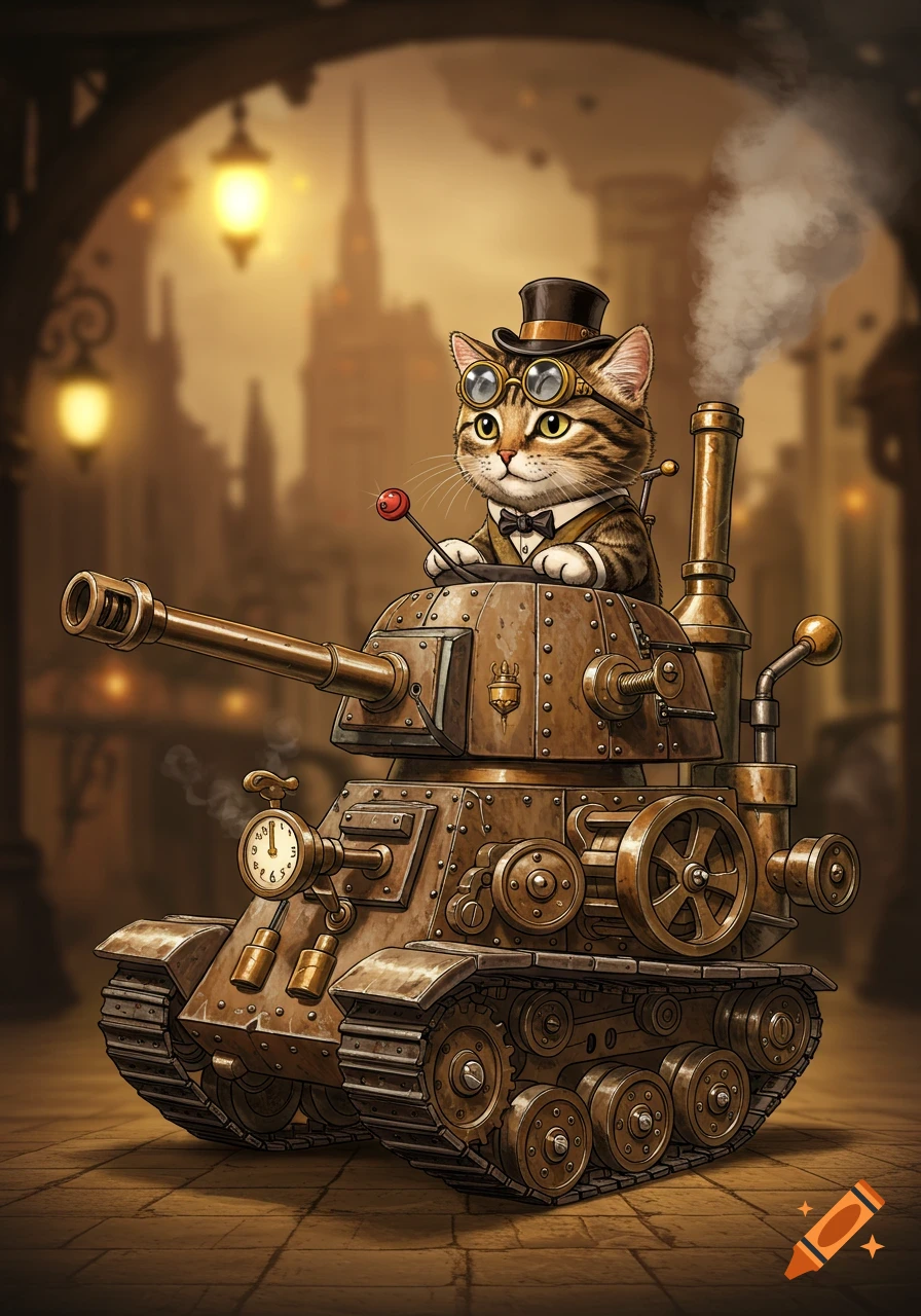 A whimsical steampunk illustration of a cat in a top hat and goggles driving an intricate steampunk tank.