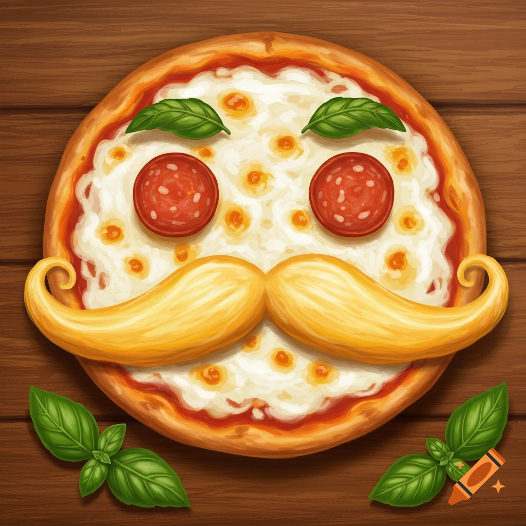 A cartoon pizza face with pepperoni eyes, basil leaf eyebrows, and a large golden mustache on a wooden background.