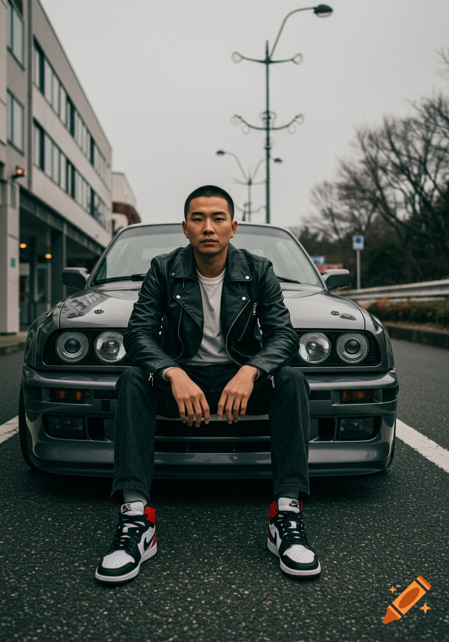 A man in a leather jacket and sneakers sits on the front of a dark gray BMW M3 GTR car on an urban street.