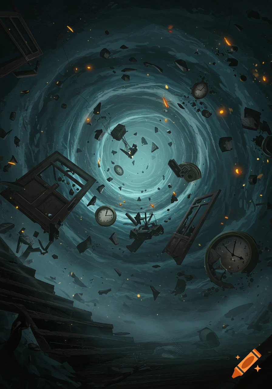A dark, swirling vortex with clocks, broken doors, and debris falling into it, rendered in a detailed digital art style.