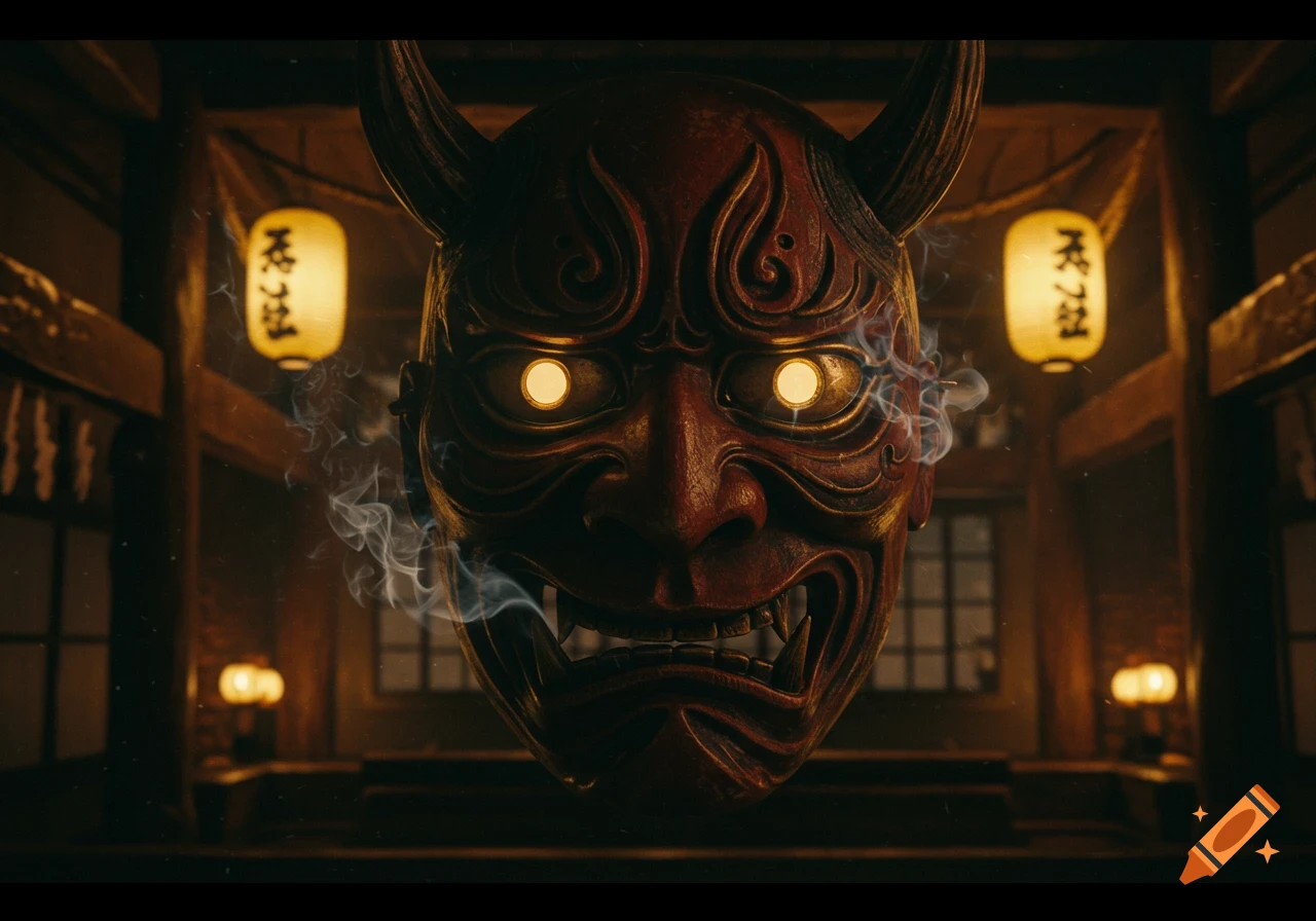 A red horned Japanese Hannya mask with glowing yellow eyes, surrounded by smoke, set against a dark traditional Japanese interior with lanterns.