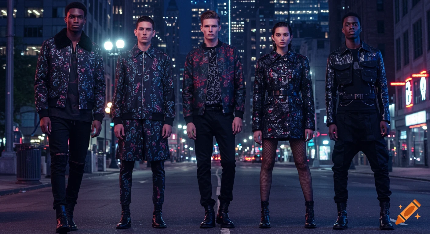Five models in dark, patterned streetwear standing on a city street at night with neon lights in the background.