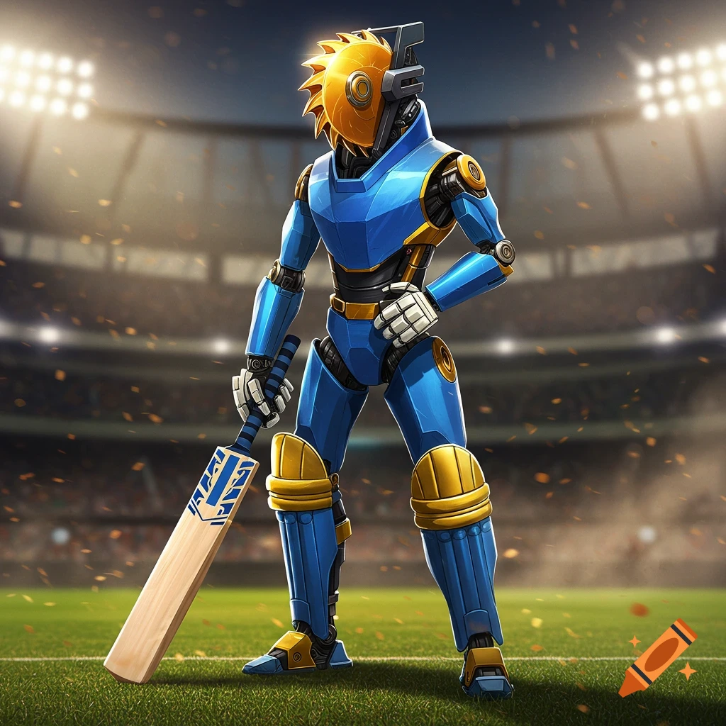 An anthropomorphic buzzsaw robot in blue and gold holds a cricket bat on a stadium field.