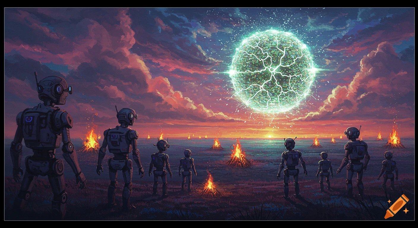 Robots stand in a field with bonfires at sunset, gazing at a large glowing green sphere in a surreal, painterly style.