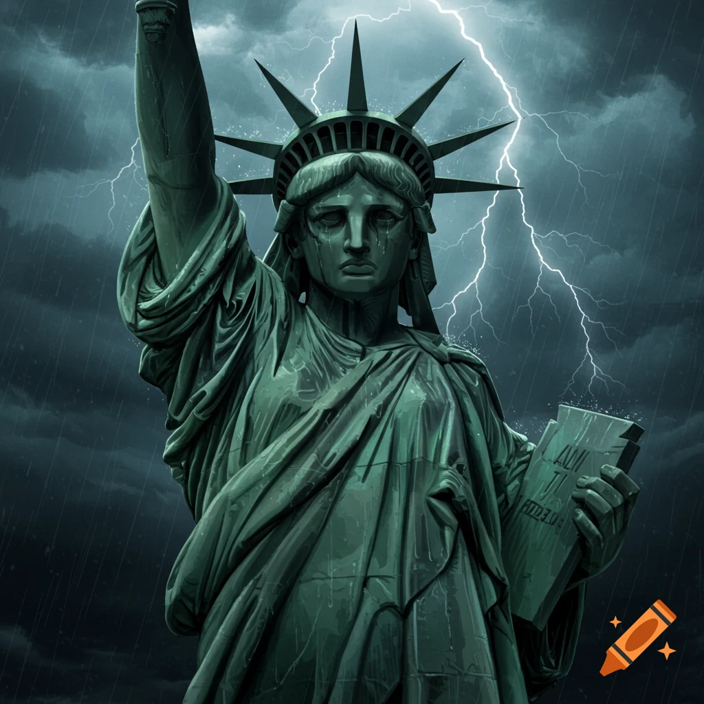 The Statue of Liberty appears to be crying as rain falls around her, with a storm and lightning in the dark sky.