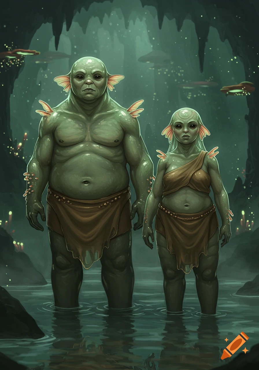 Green-skinned, stout humanoids resembling tardigrades stand in water within a bioluminescent wetland cavern.