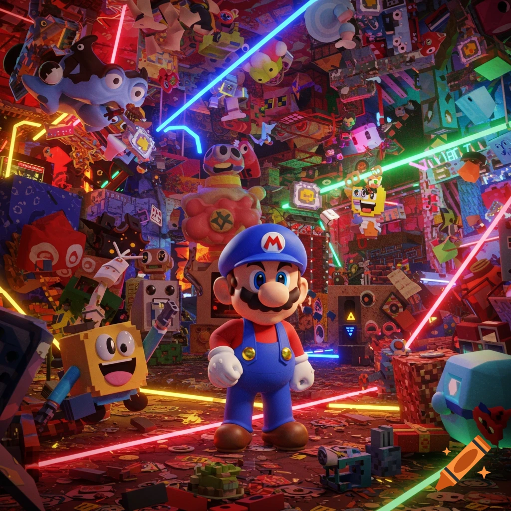 A stylized image of Mario in a vibrant, neon-lit, pixelated room filled with various cartoon characters and objects, resembling a chaotic video game world.