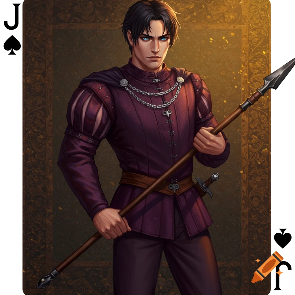 A serious-looking man in purple medieval attire holding a spear, depicted as the Jack of Spades playing card.