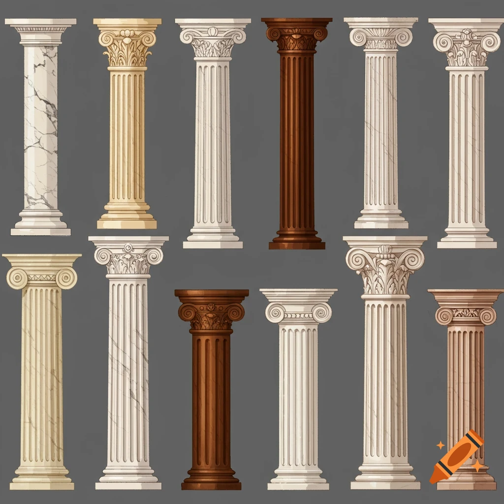 A grid displaying various classical architectural columns in different styles, materials, and colors against a grey background.