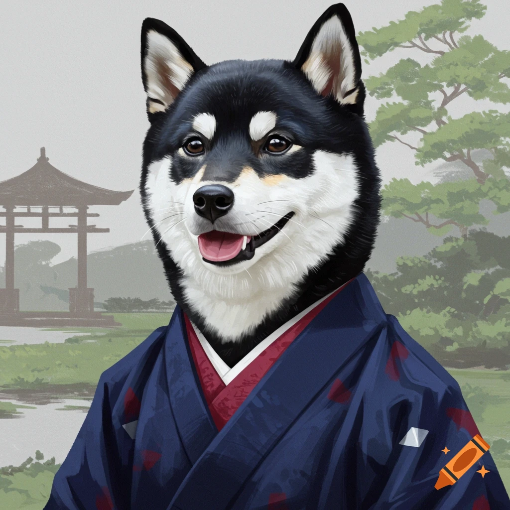 A black and white Shiba Inu dog wearing a blue kimono in a Japanese garden with a pagoda, digital art.