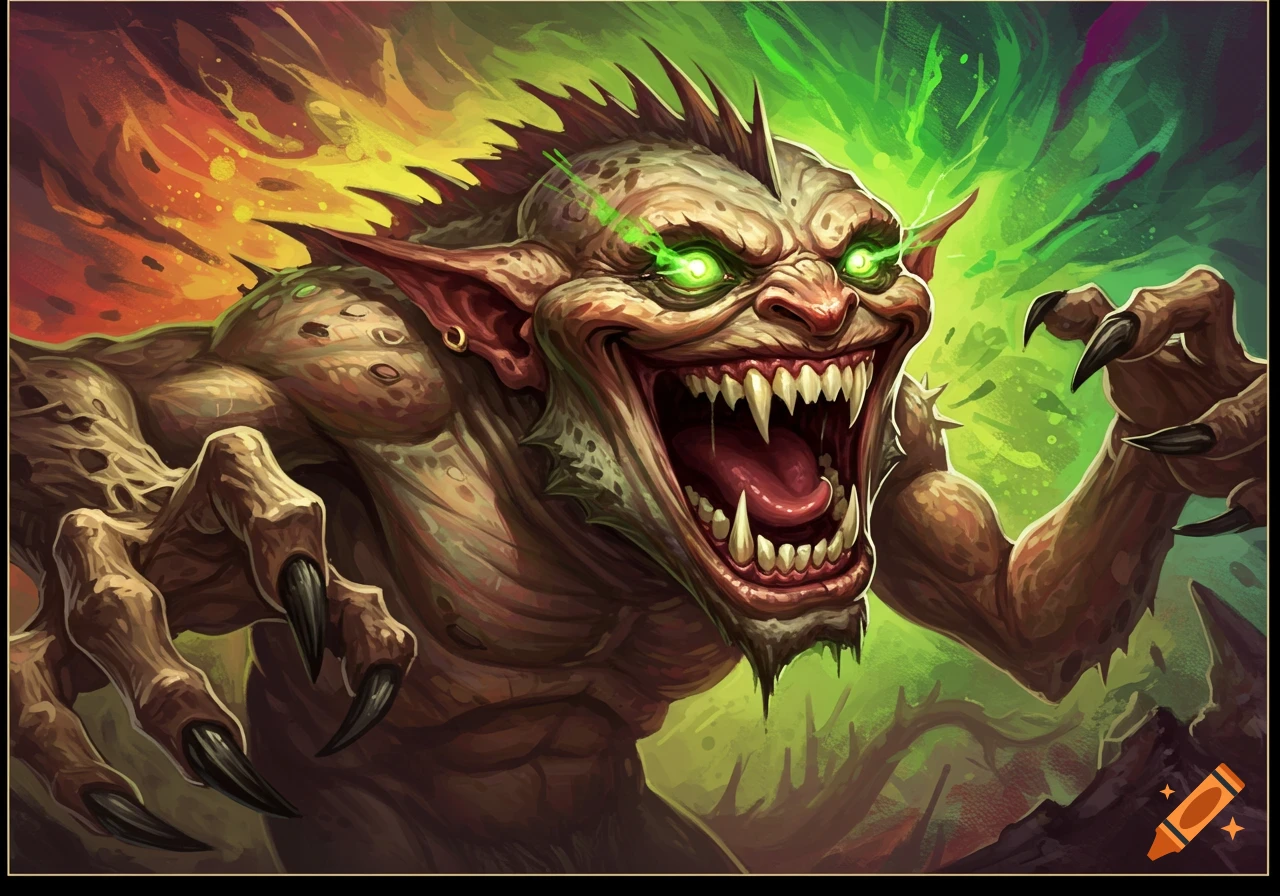 A grotesque, grinning green-eyed monster with sharp teeth and claws ...