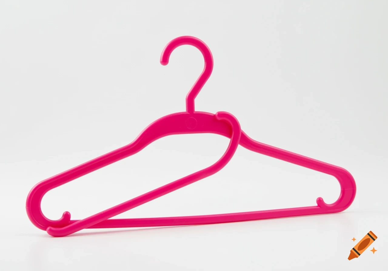 A bright pink plastic baby clothes hanger is bent against a white background, appearing distorted.