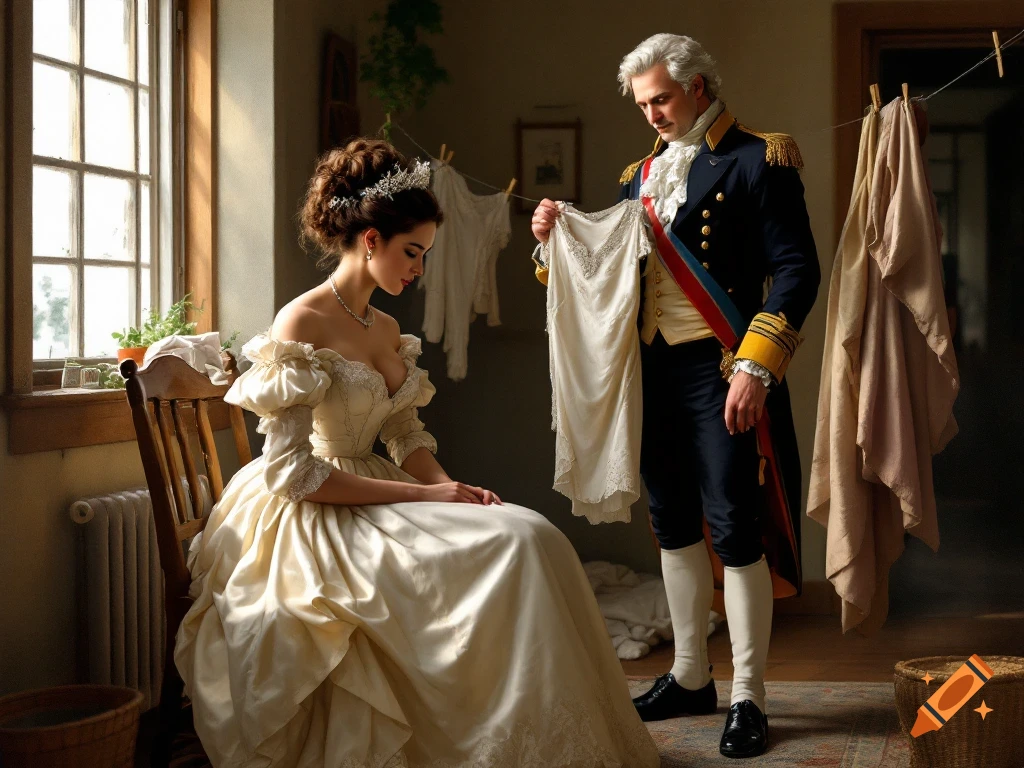Photorealistic image of a woman in a historical ivory gown seated by a window, and a man in a navy military uniform holding a white garment.