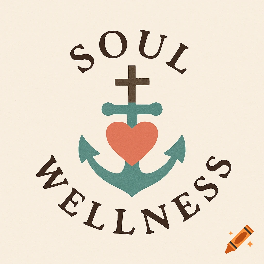 A graphic logo with a brown cross on a teal anchor, a red heart in the center. "SOUL" is above and "WELLNESS" below in curved brown text.