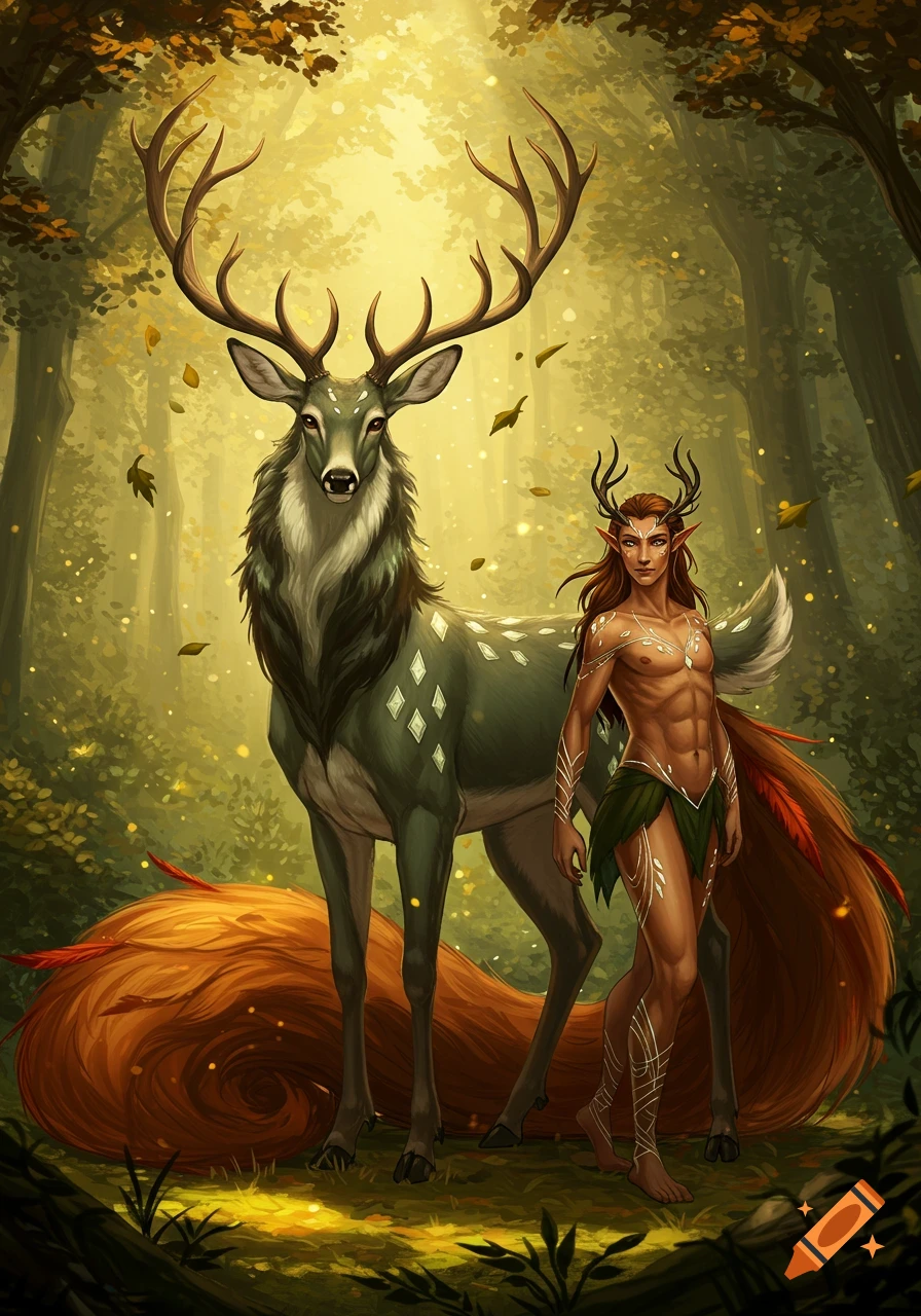 A male forest guardian with antlers stands beside a large deer-like creature with a fox tail in a sun-drenched fantasy forest, digital art.