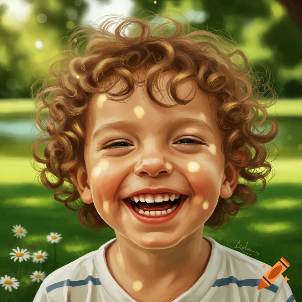 Close-up digital painting of a smiling child with curly hair and dappled sunlight on his face.