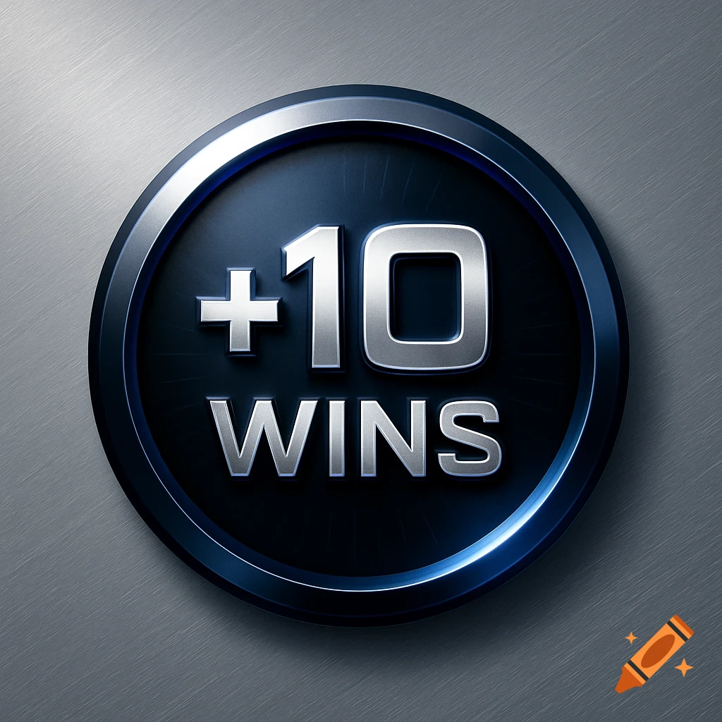 Metallic black and silver button with the text '+10 WINS' in bold lettering.