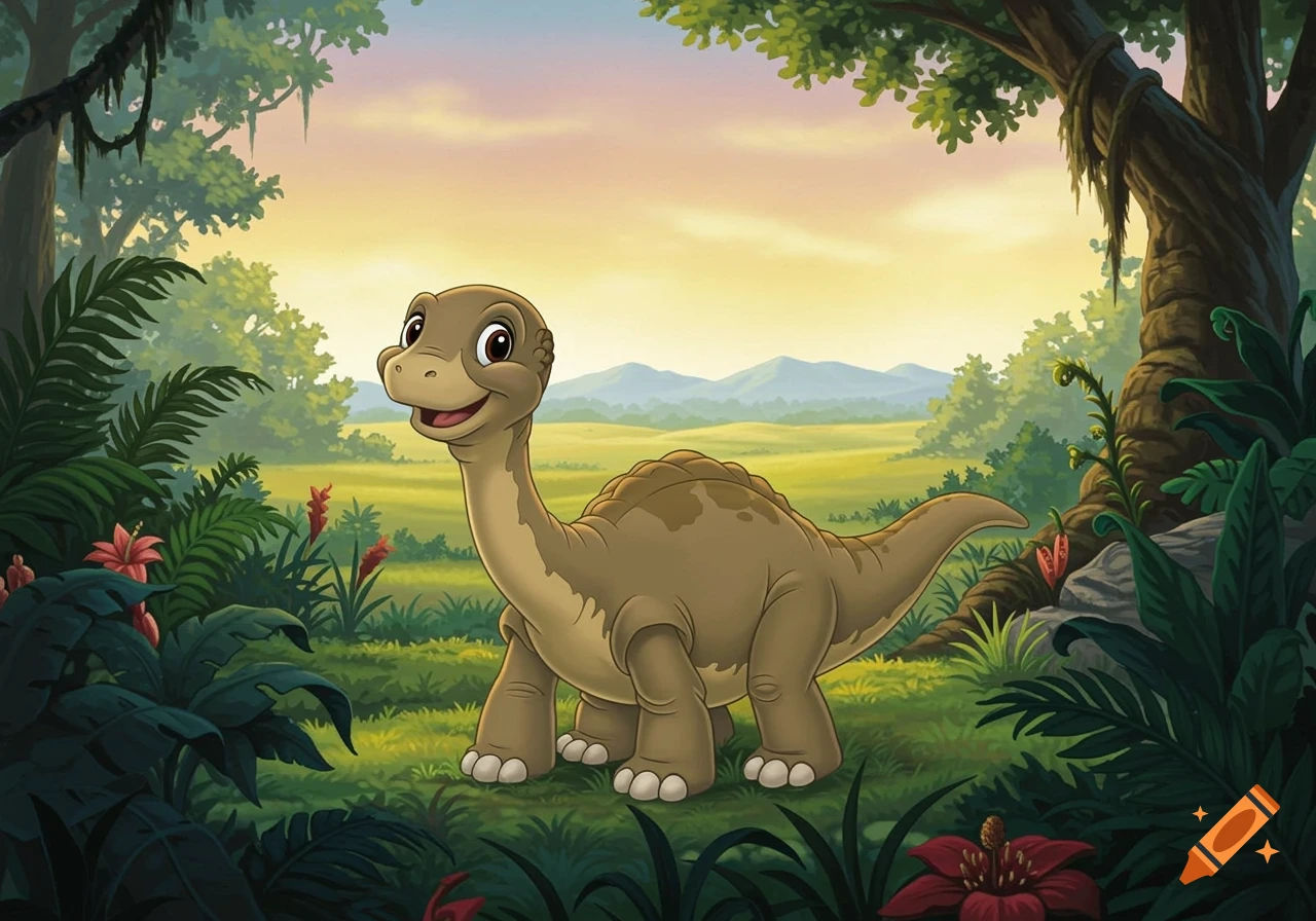 A smiling Littlefoot, a young cartoon Apatosaurus, stands in a lush, prehistoric jungle with vibrant green foliage and red flowers.
