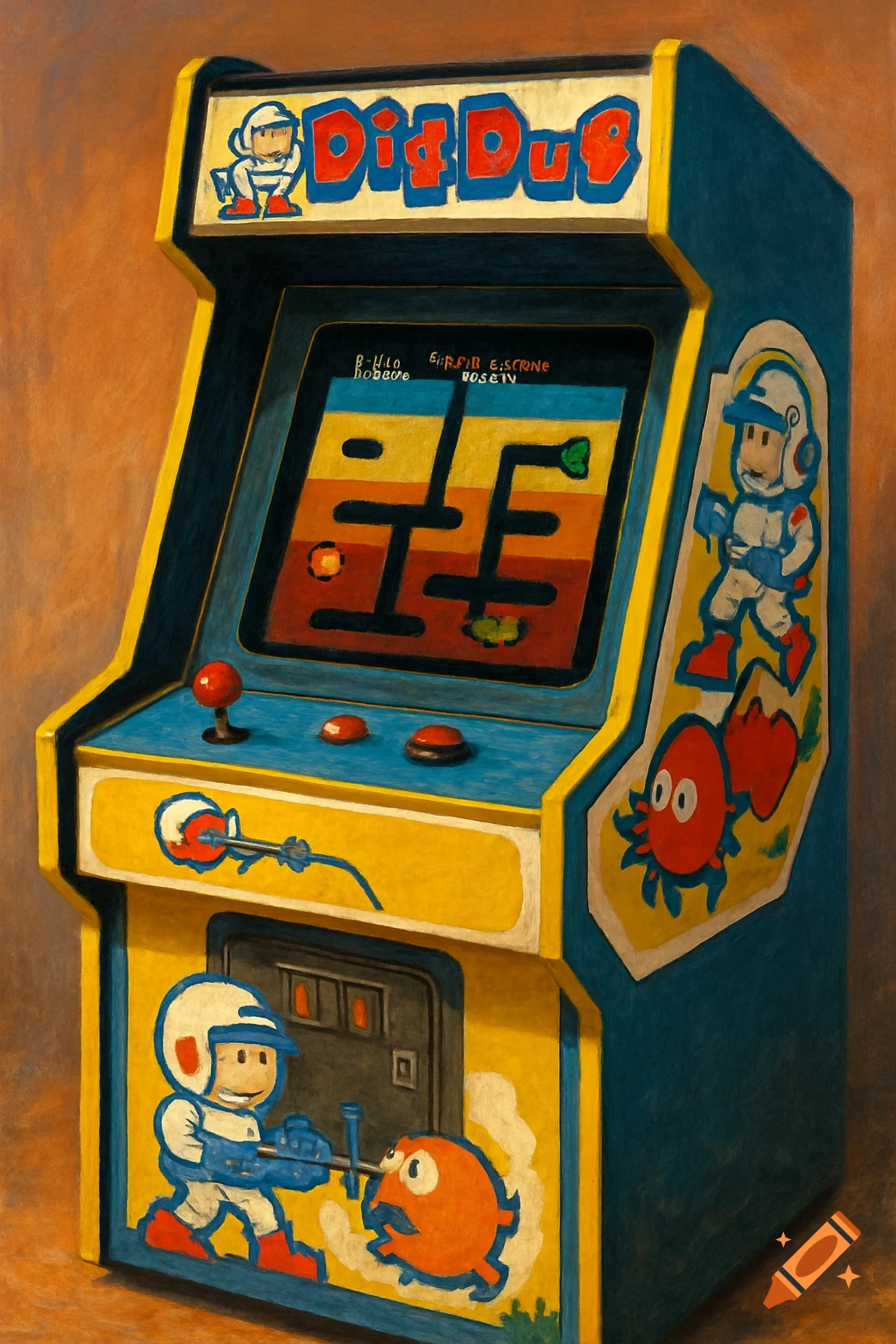 An oil painting of a blue and yellow Dig Dug arcade game cabinet with colorful pixel art on its screen and side panels.