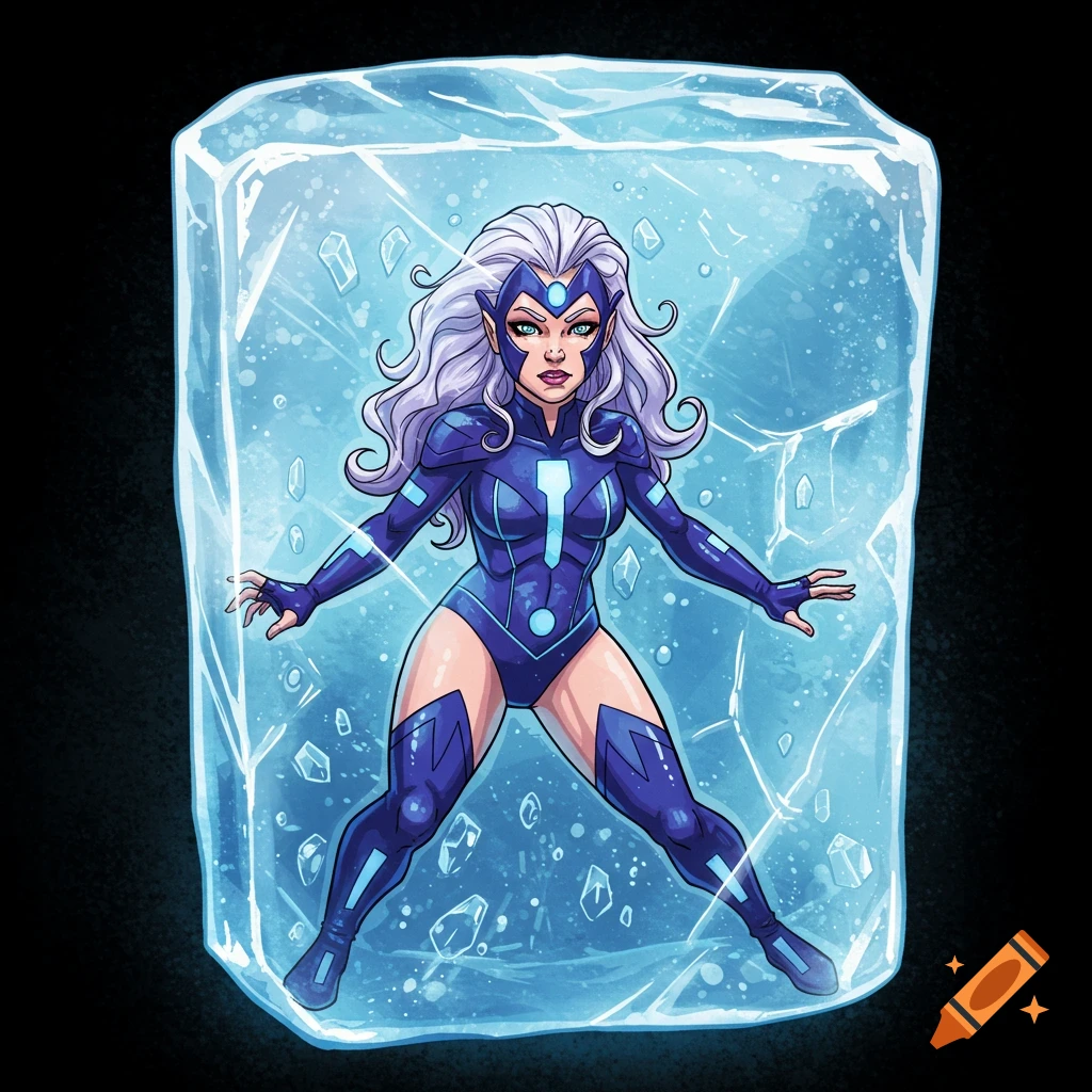 A comic art illustration of the superhero Crystal from Marvel Comics, with white hair and a blue suit, frozen inside a large block of ice.