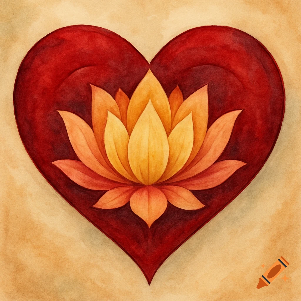 A watercolor illustration of a vibrant orange lotus flower centered within a deep red heart, on a light brown background.