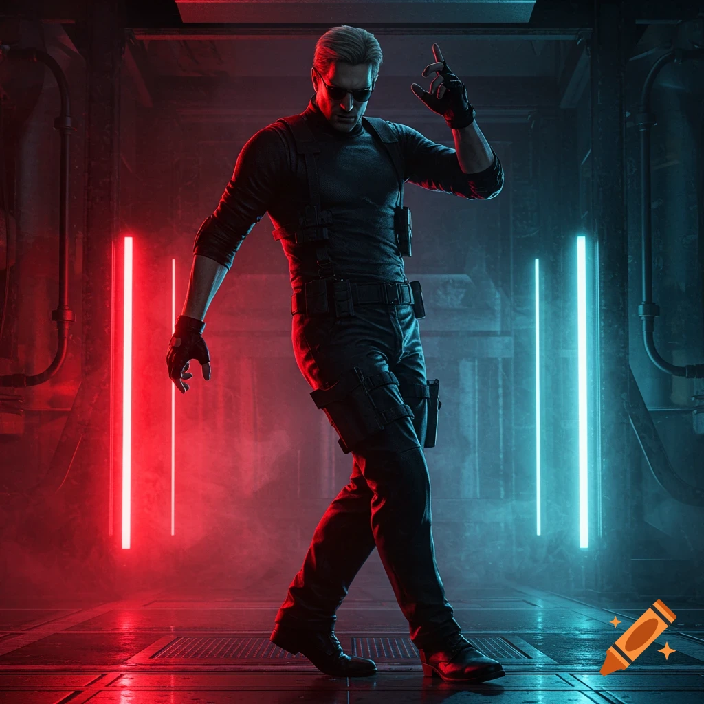A man resembling Albert Wesker in tactical gear and sunglasses dances in a dark, futuristic setting with red and blue neon lights.
