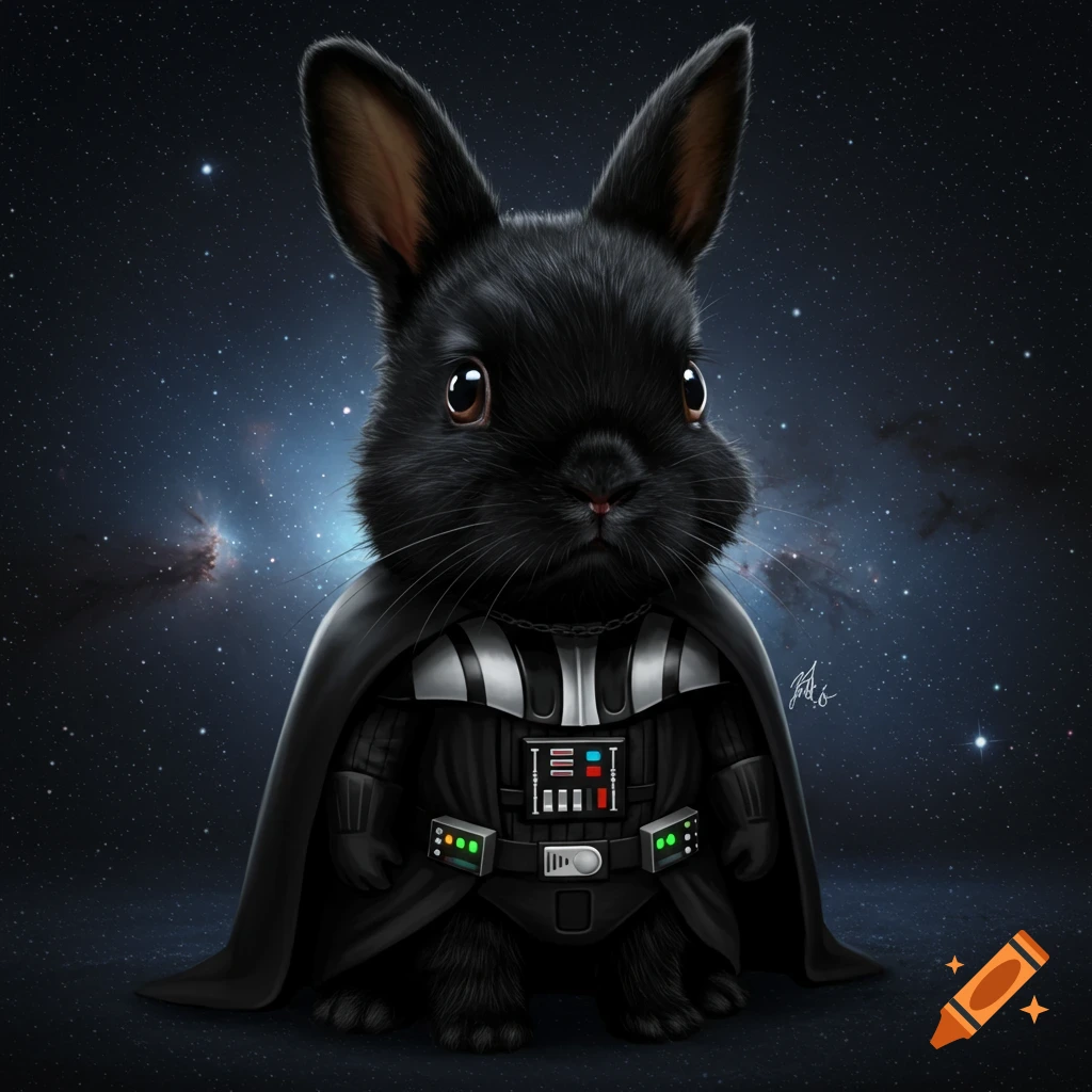 A fluffy black bunny dressed as Darth Vader stands in space with stars and nebulae in the background.
