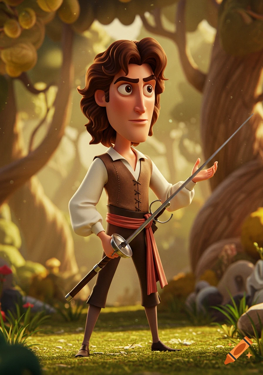 A Pixar-style animated male character with brown curly hair, wearing a brown vest and red sash, stands in a lush forest holding a rapier.