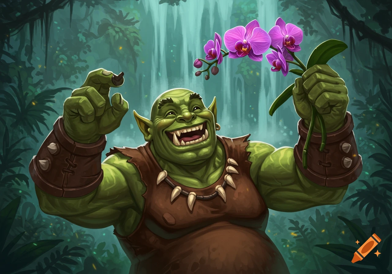 A happy green orc with fangs holds a purple orchid and a small brown object, smiling broadly in a lush jungle setting.