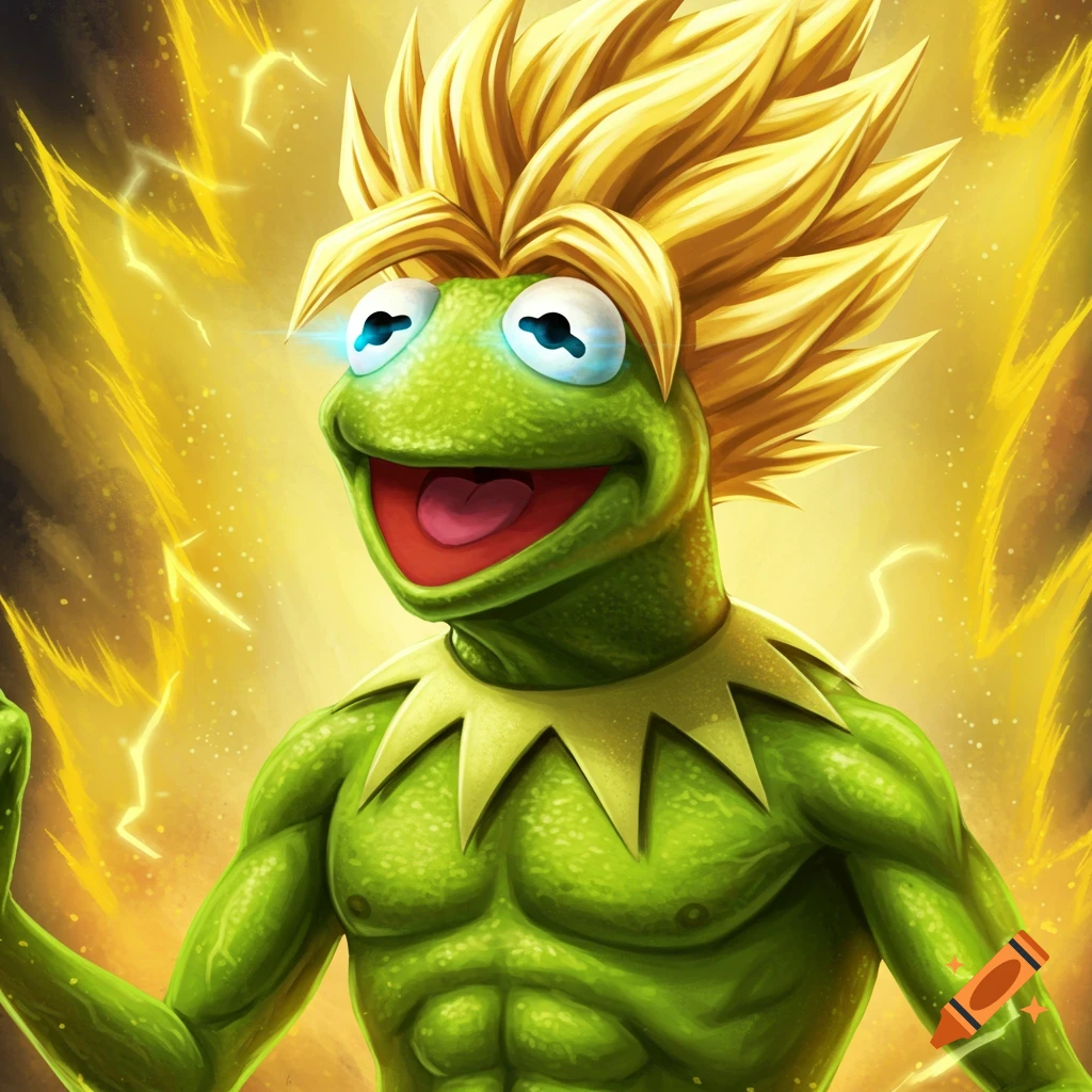 A realistic, muscular Kermit the Frog with spiky golden Super Saiyan hair, surrounded by a bright yellow aura.