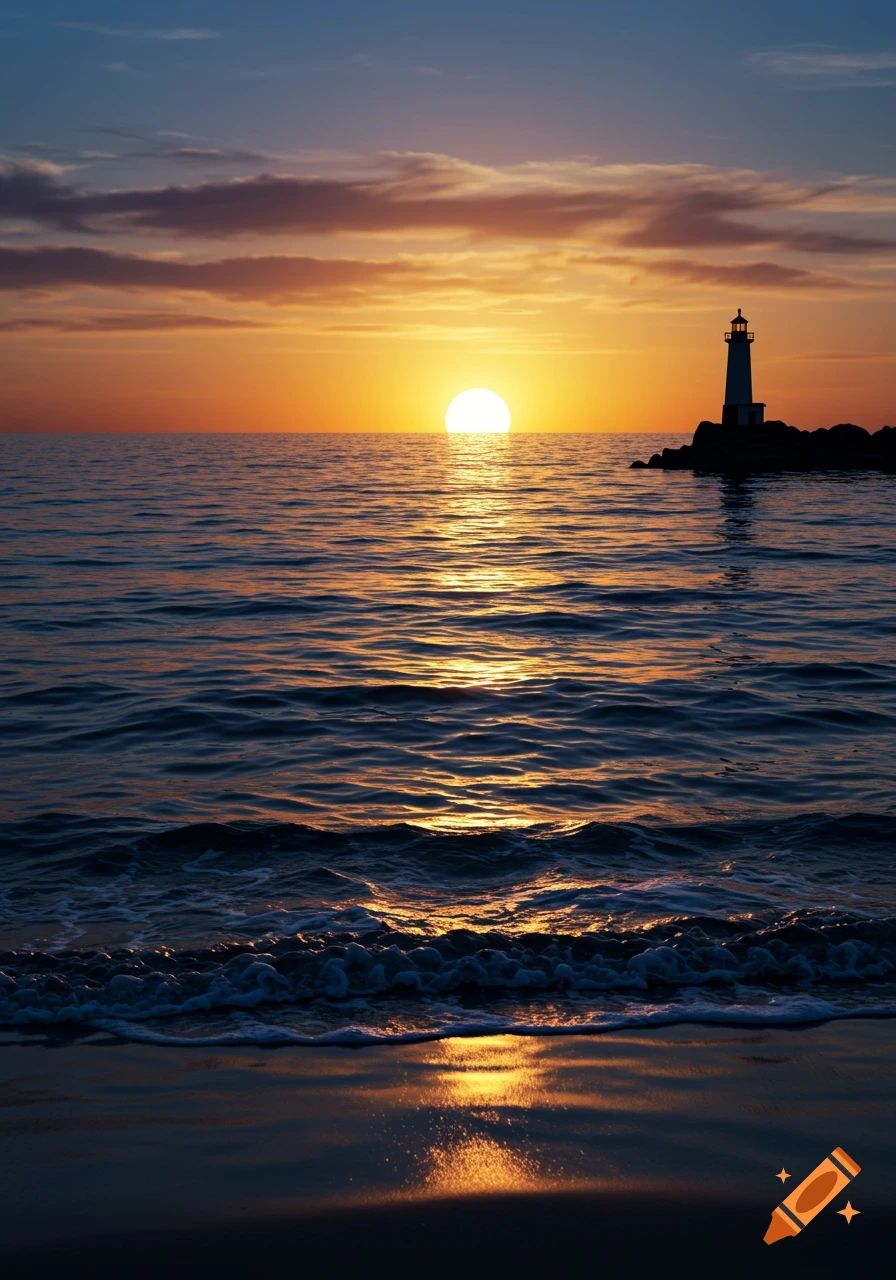 A lighthouse stands on a rocky shore at sunset, with the sun low on the horizon reflecting on the ocean waves.