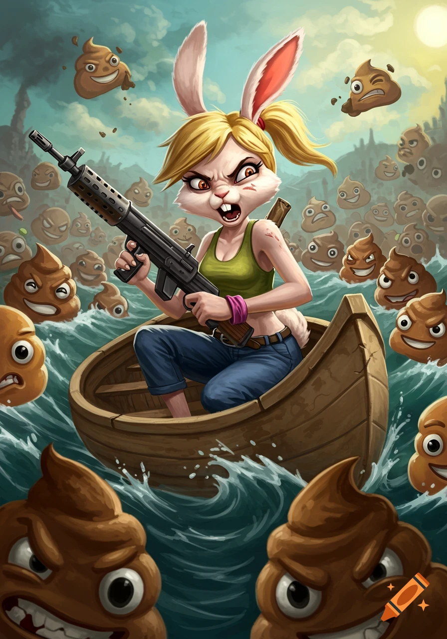 A mad female rabbit with blonde hair in a ponytail holding a gun in a canoe, surrounded by angry poop emojis in a wavy sea.