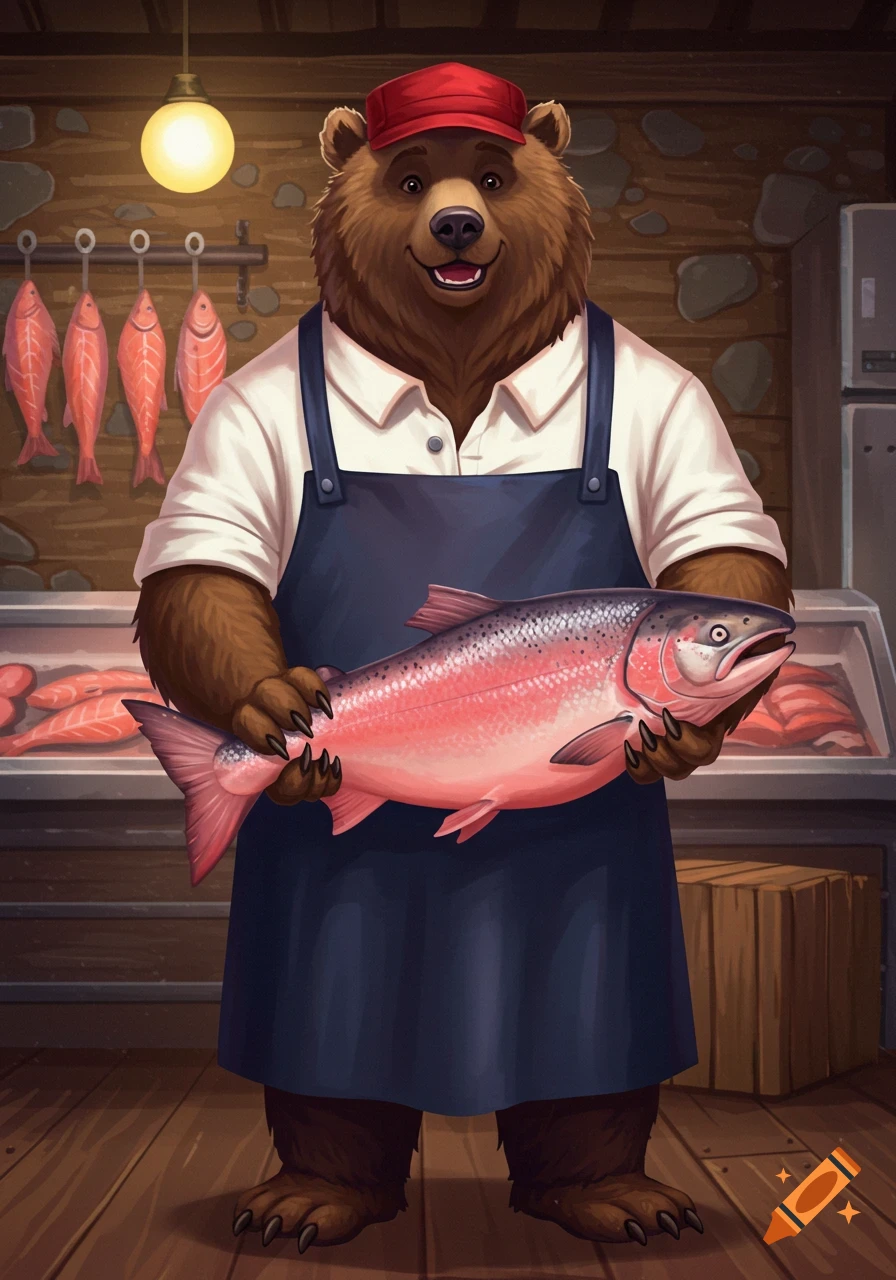 A friendly anthropomorphic bear wearing a butcher's apron and red cap stands in a fish shop, proudly holding a large pink salmon. Digital illustration.