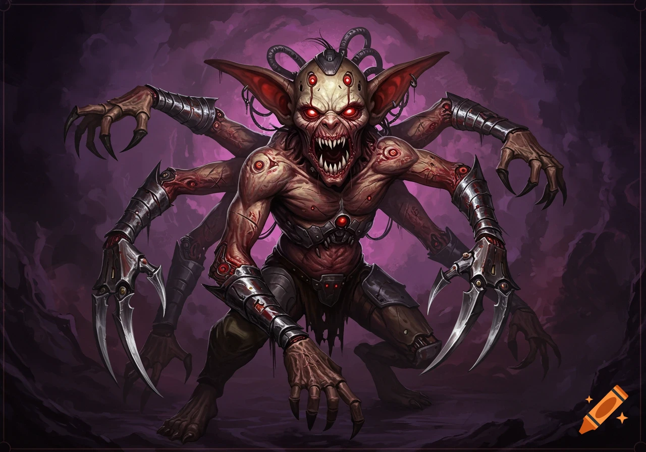 A disfigured, multi-armed goblin-like creature with glowing red eyes, sharp teeth, and exposed flesh, with biomechanical elements and metal armor on its limbs.