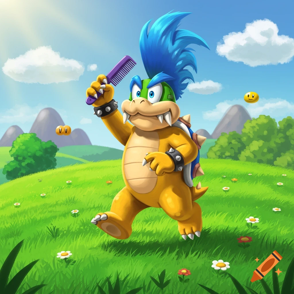 Larry Koopa walks in a sunny green field, combing his blue mohawk with an irritated expression.
