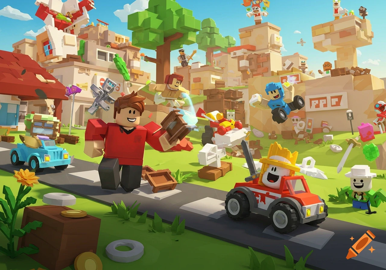 A lively, block-style landscape featuring multiple Roblox-like characters, buildings, and vehicles in a vibrant outdoor setting.