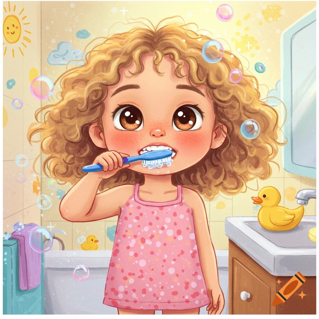 A whimsical cartoon of a young girl with curly blond hair brushing her teeth in a brightly lit bathroom with bubbles and a rubber duck.