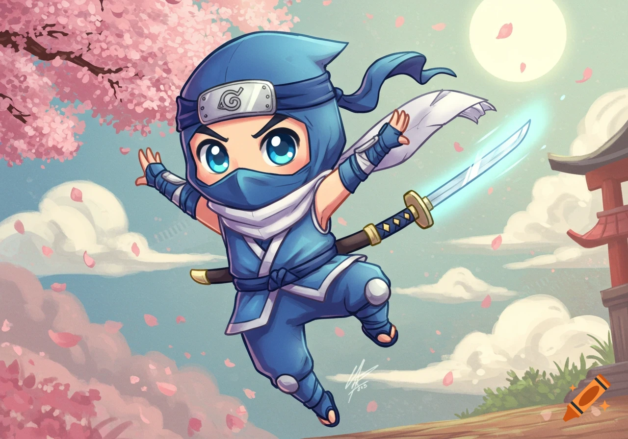 A chibi ninja in a blue outfit with a glowing sword jumps through the air amidst falling pink cherry blossoms, with a Japanese torii gate and full moon in the background.