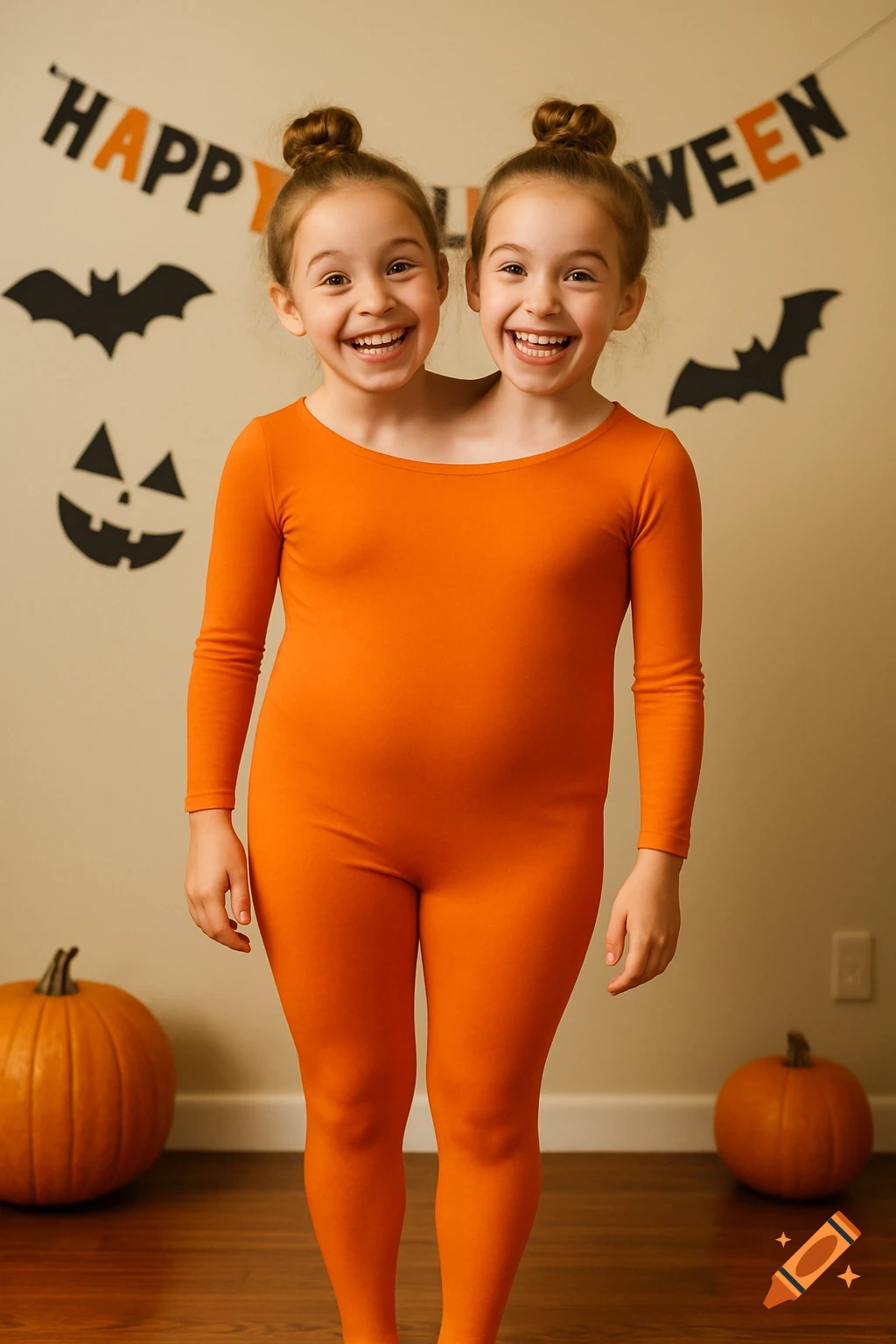 Two smiling girls in an orange leotard, appearing conjoined, stand in front of a 'HAPPY HALLOWEEN' banner and pumpkins.