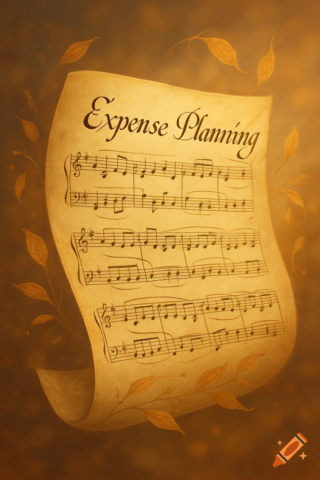 An aged, curled sheet of music titled 'Expense Planning' with musical notes and golden leaves on a brown background, in a painted style.